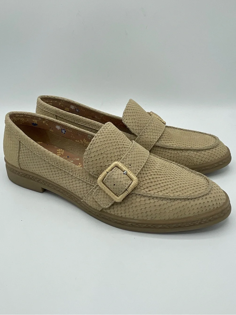 Lucky Brand Ryder’s Snake Embossed Leather Beige Textured Buckle Loafers